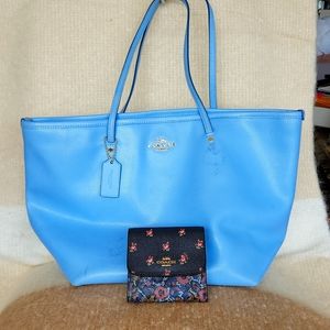 Periwinkle blue tote and floral wallet